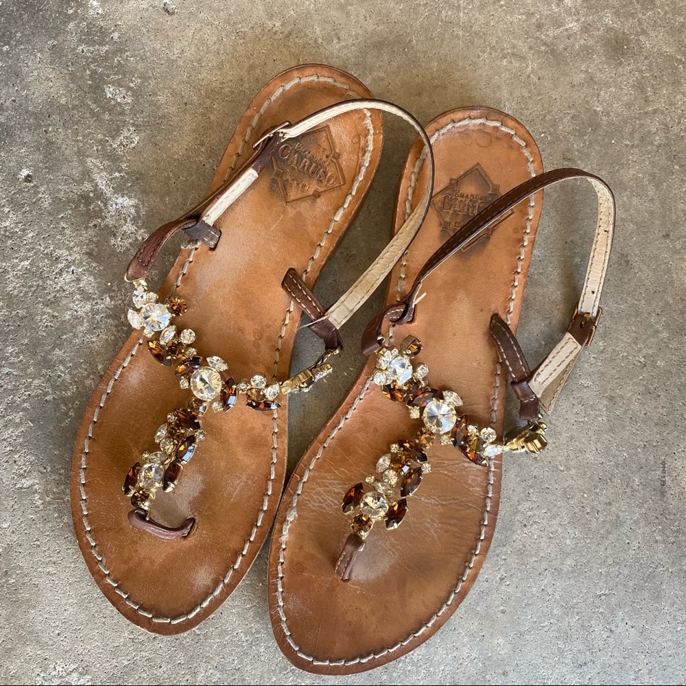 emanuela caruso capri jewel thong strappy brown leather sandal womens 37/6.5